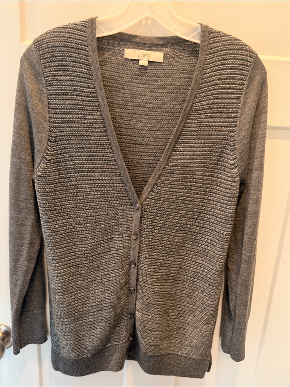 LOFT Gray Cardigan Sweater Petite Large Button Front Knit Classic Layering